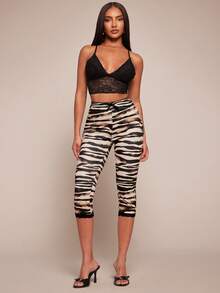 Radiana Sexy Casual Zebra Print Leggings, Bow Lace Trim Leggings, Capri Pants, Skinny Pants, Leisure Pants, Beach Pants, High Elastic Knit Fabric, Slim Fit Curve-Revealing, Suitable For Casual Outings, Urban, Island Vacation, Beach, Holiday, Night, Date, Gathering, Party, Club, Cocktail Party, Carnival, Music Festival, Concert, Festival - Multicolor - View 4