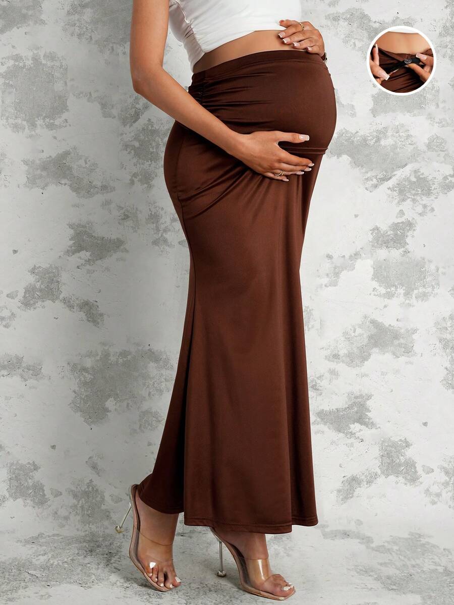 MaterniChic Maternity Clothes Maternity Skirt Summer Pregnant Clothes  Brown Maternity Midi Skirt, Fitted Straight Skirt With Pleats, Elegant - Mocha Brown - View 1