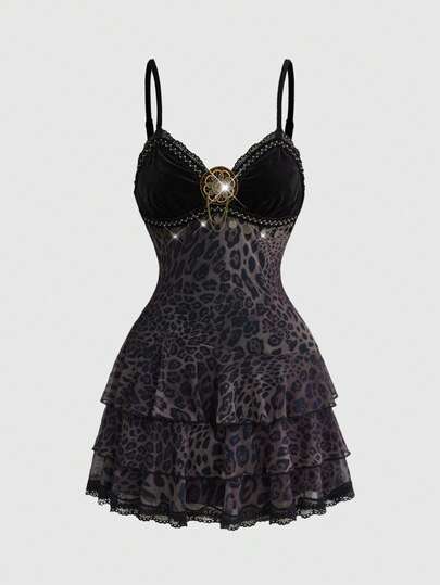 ROMWE Vestido camisero asimétrico con estampado de leopardo, patchwork de terciopelo y estilo vaquero hippie vintage