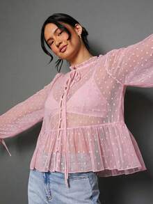 WESTFADE 透视圆点网纱高领蝴蝶结前襟荷叶边长袖上衣，可爱秋季女装，适合返校、秋季、冬季、外出、休闲波西米亚风衬衫 - 淺粉色 - 查看 7