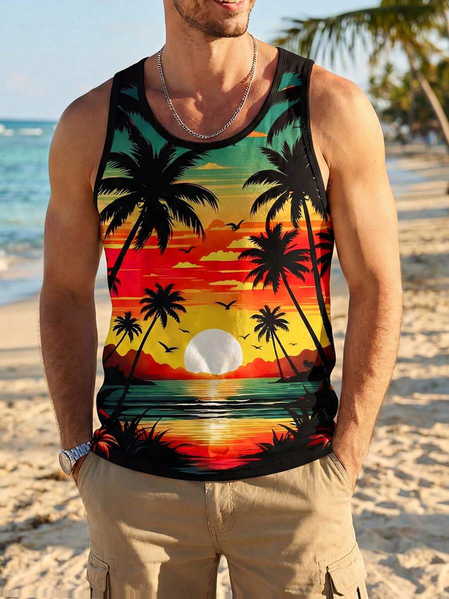 VIVINTIMO Men Tropical Print Tank Top For Summer, Men Tank Tops Beach, Graphic Tees Men Sleeveless, Beach Tank Tops Men - Black - View 1