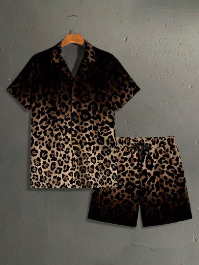 StoneGrade 2pcs Set Men's Ombre Leopard Print Casual Oversize Full Print Short Sleeve Shirt & Matching Shorts