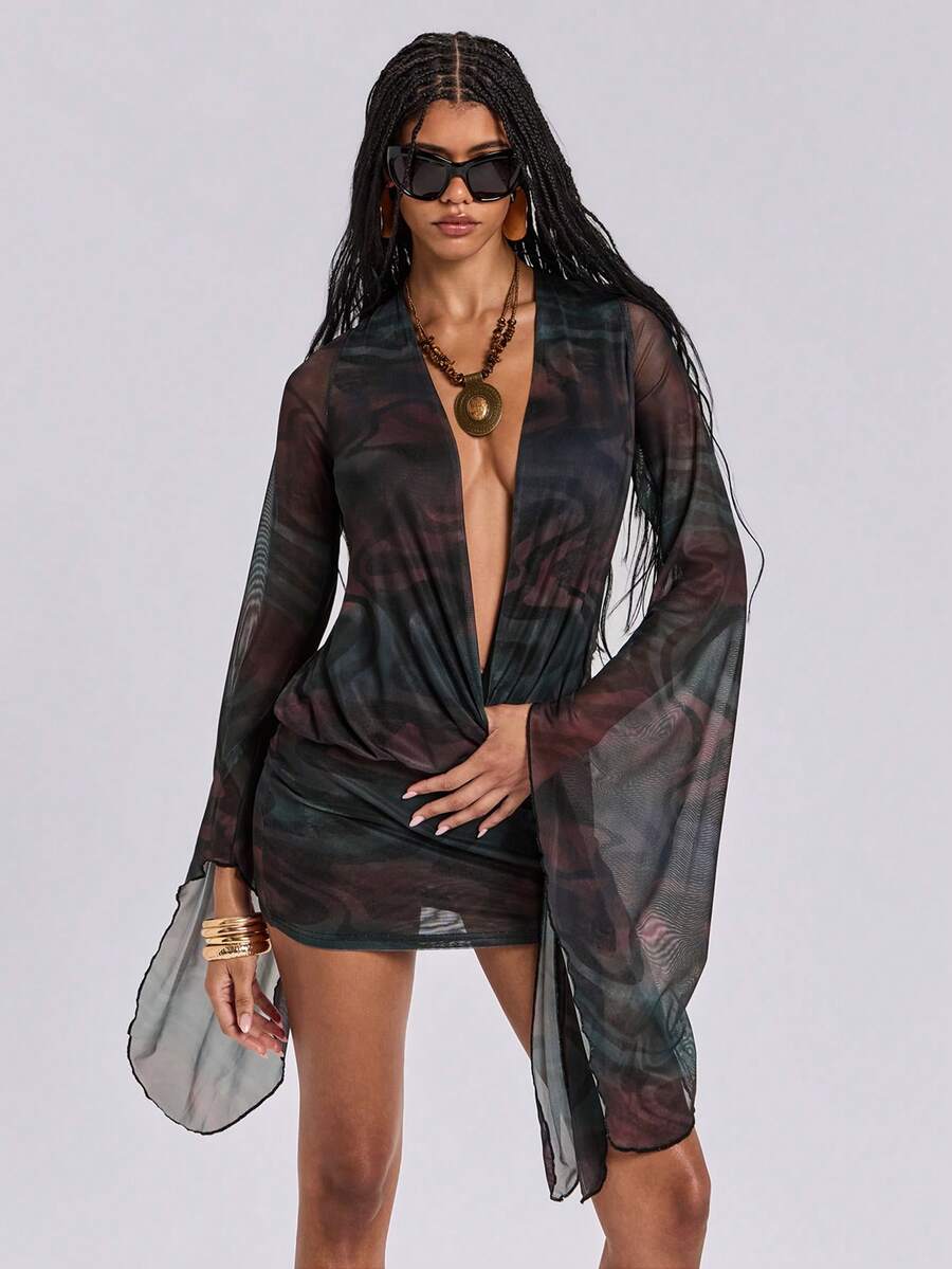 ROMWE Y2K Spring/Summer Vintage Leopard Print Deep V-Neck Backless Mini Dress For Women, Summer Vacation - Multicolor - View 1