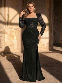 Glamrae Plus Size Elegant Romantic Black Heart Neck Long Sleeve Sheer Luxury Beaded Chiffon Waist See-Through Fish Bone Ruffle Hem High Slit Mermaid Hem Dress, Suitable For Wedding, Party, Celebration, Formal Evening Gown (Intricate Design) - Black - View 8
