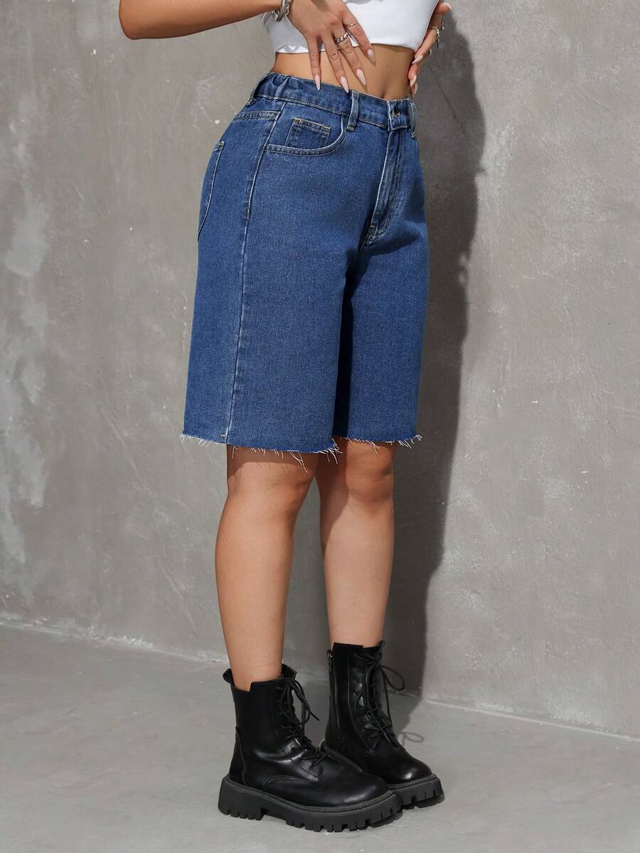 SHEIN Tall 女士夏季休闲斜插口袋毛边牛仔短裤 - 中等水洗藍 - 查看 1