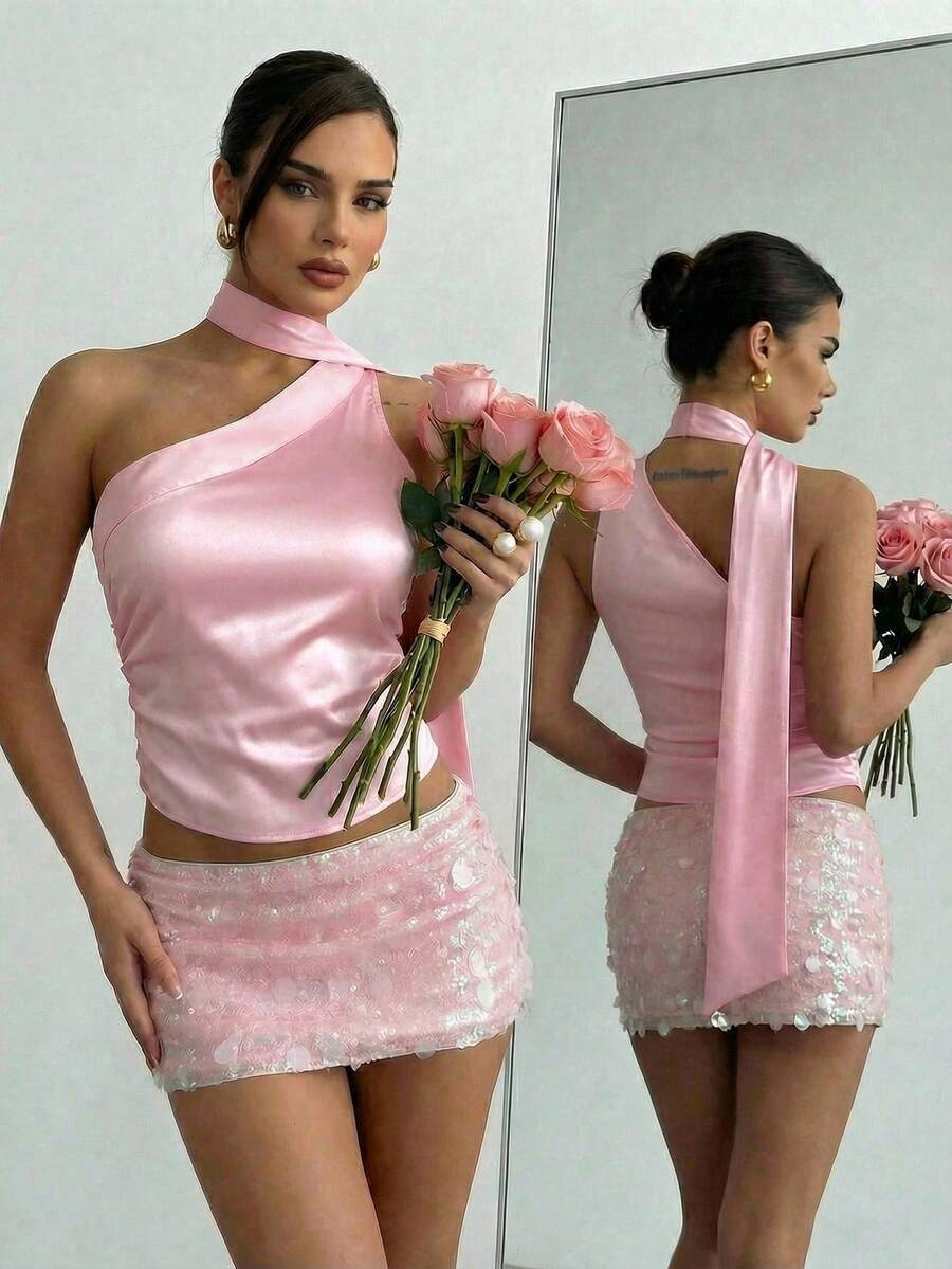 Firerie Blusa feminina de cetim, sexy, com ombros assimétricos e babados. Ideal para festas, ocasiões românticas e férias, perfeita para primavera/verão/outono. Elegante para o dia a dia, encontros, festas, casamentos, formaturas, apresentações, trabalho, volta às aulas, reuniões anuais, aniversários e feriados. - Rosa - Ver 1