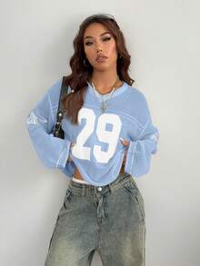 Coolane Áo khoác ngoài dáng rộng bằng vải jersey kẻ sọc và in số cùng kiểu dáng dành cho cả nam và nữ, thích hợp cho đêm giao thừa/ngày Valentine, hoặc mặc đi học vào mùa thu/đông. - Màu xanh nhạt - Xem 5