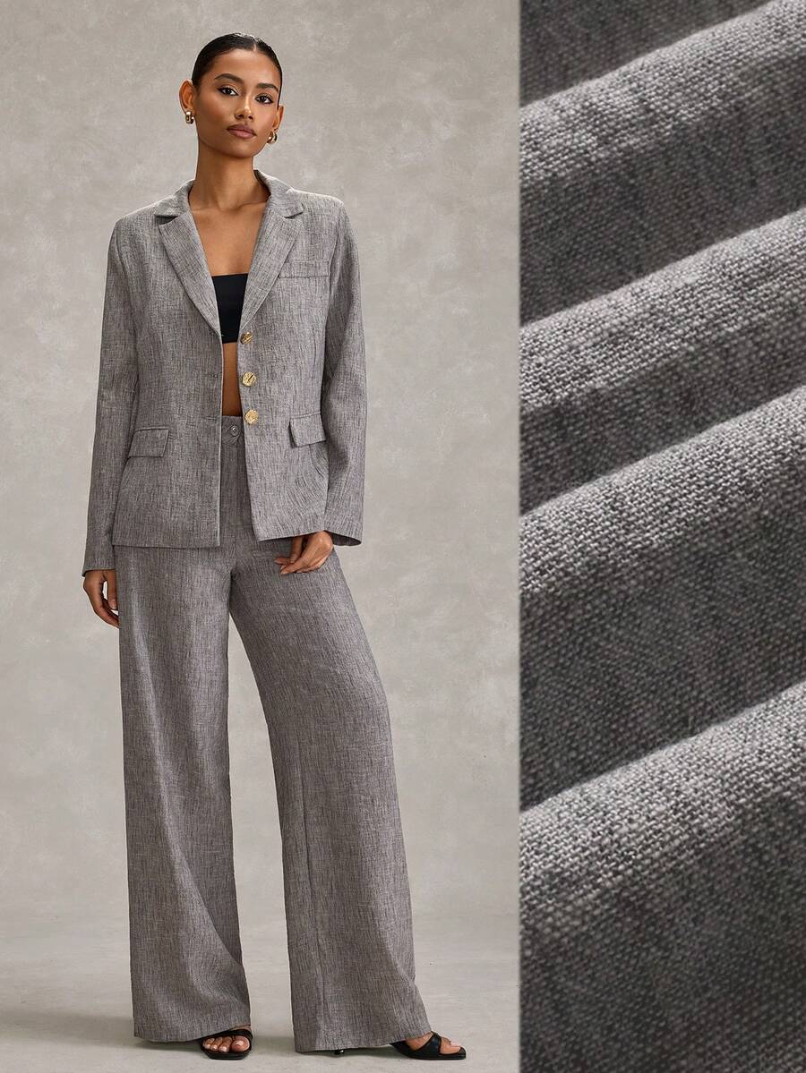 RueChic Bộ vest nữ dáng regular fit, cài cúc vàng, gồm áo blazer và quần tây. - Xám - Xem 1