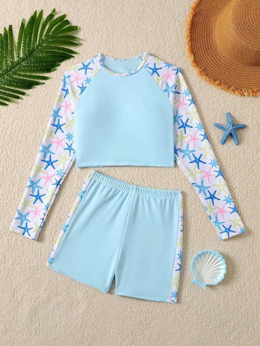 SHEIN Tween Girl Beach Vacation Starfish Print Swimwear Set - Blue - View 1