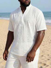 ResortEase Plus Size Men's Solid Color Burn-Out Embroidered Short Sleeve Casual Shirt - White - View 2