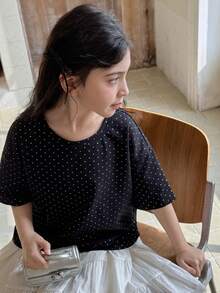 DAZY Tween Girl Polka Dot Print Casual Short Sleeve T-Shirt - Black - View 5