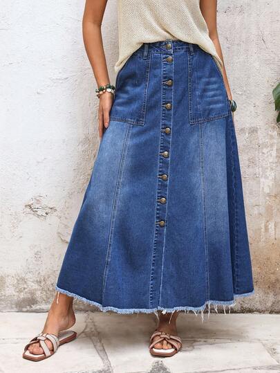 EMERY ROSE Women's Summer Casual Washed Denim A-Line Skirt With Large Pockets And Frayed Hem