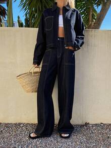 DAZY Conjunto de top corto casual con cuello y jeans de corte holgado para mujer - Azul - Ver 3