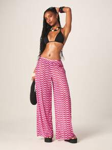 MISSGUIDED Pantalones anchos de onda con cintura elástica como cubrecosturas de playa para vacaciones de verano, uso en la piscina y resorts, de flujo ligero y ropa de playa - Rosa - Ver 1