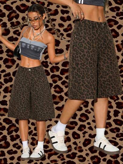SHEIN ICON Women's Leopard Print Loose Casual Denim Shorts With Pockets