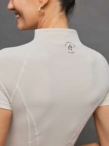 Activina Women's Front Zip Mandarin Collar Short Sleeve Fitted Equestrian Top Equestrian Clothing Women's Polo Women's Golf Top Tops For Women Horseback Riding Outfit  Summer Spring Winter Ralphlauren Knitted Fabric - Khaki - View 2