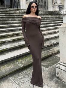 Marta Soriano Women's Solid Color Off Shoulder Long Sleeve Casual Long Dress,Party Women Outfits,Women Dress Women Clothes - Coffee Brown - View 1