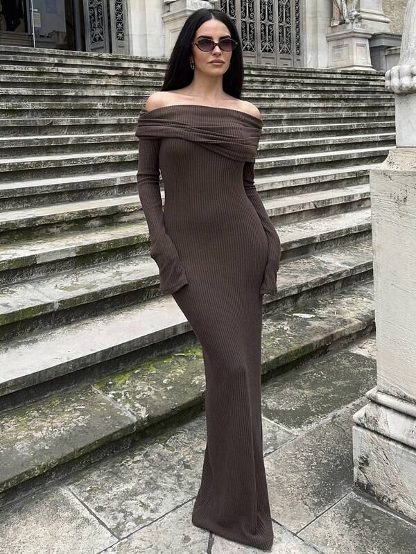 Marta Soriano 女士纯色露肩长袖休闲长裙、派对女装、新年女装、圣诞女装