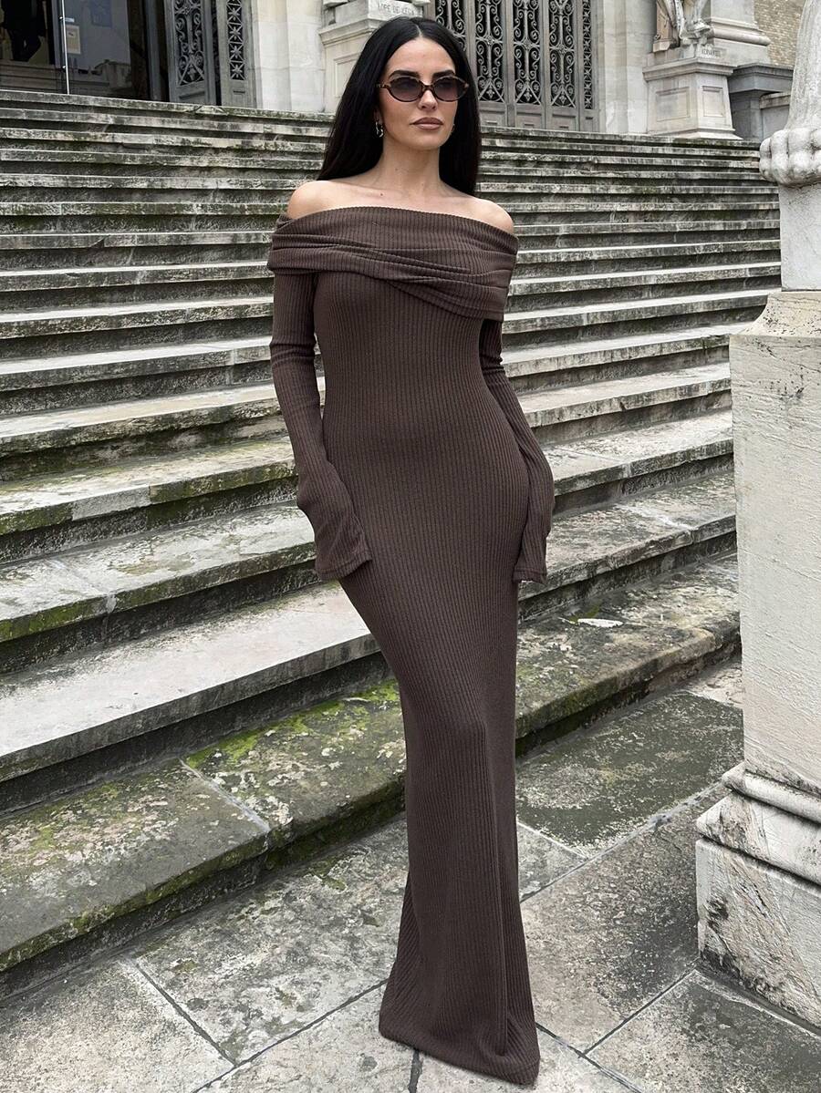 Marta Soriano Women's Solid Color Off Shoulder Long Sleeve Casual Long Dress,Party Women Outfits,Women Dress Women Clothes - Coffee Brown - View 1