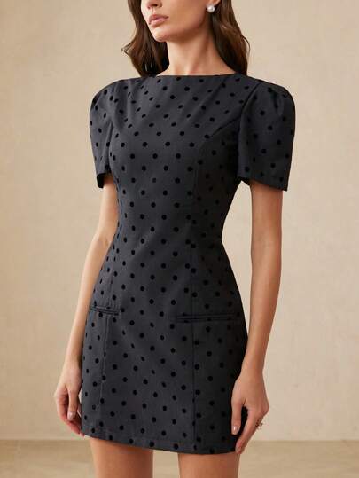 Aveloria Rosie Black & Gray Contrast Flocked Polka Dot Off-Shoulder Petal Sleeve Waist Cinched Dress, Elegant French Retro Versatile For Work & Party