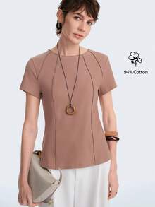 SHEIN Stylify 女士夏季外出、约会、新年、情人节、复活节、母亲节、音乐节、中东风情、婚礼、优雅、复古、休闲、通勤、浪漫、度假罗纹针织棉圆领修身短袖T恤，浅卡其色 - 卡其色 - 查看 5