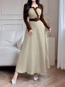 Feyla Women's Long Sleeve Long Dress, Minimalist Fashion Casual Everyday Wear Long Evening Dresses - Brown - View 5