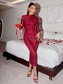 Lavishia Đầm midi đen họa tiết hoa nhung cho nữ, đầm đen tay dài mùa thu/đông, trang phục dự tiệc đêm giao thừa, đầm cổ lọ tay dài cho nữ, trang phục năm mới cho nữ. - Đỏ - Xem 3