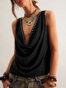 Freevana Women's Solid Color Rivet Design Draped Neck Casual Top,Summer Top - Black - View 6