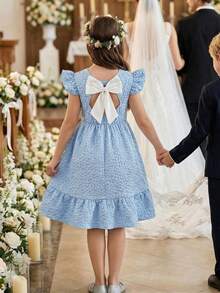 Vestido elegante de fiesta para niñas con mangas abullonadas azul texturizado y lazo blanco midi - Multicolor - Ver 2