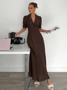 Siren Gaze 女士纯色前扣优雅短袖连衣裙 - 咖啡 - 查看 4