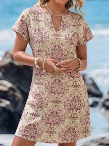 Sylviya Summer Allover Print Notched Neck Batwing Sleeve Tunic Dress - Dusty Pink - View 3