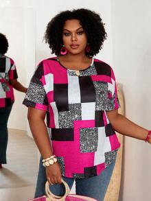 BrightlyHer Plus Size Summer Casual Contrast Color Print Short Sleeve T-Shirt - Hot Pink - View 5