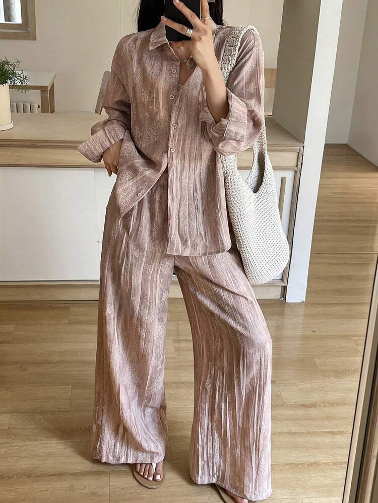 Women's Casual Cashew Print Drop Shoulder Long Sleeve Button-Up Shirt And Pants 2-Piece Set