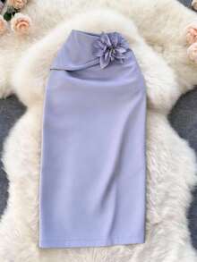 Modelyn Women's Elegant Commuter 3D Floral Decor Skirt Lilac Lavender Skirt Elegant Lavender Pencil Skirt Women's Fashion Skirt - Purple - View 8