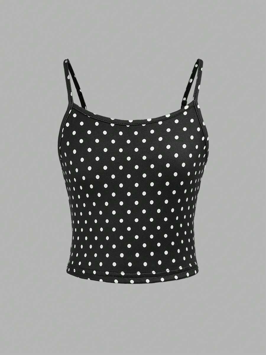 SHEIN Girlism Tween Girl Casual Street Style Polka Dot Print Knit Camisole Top - Black - View 1