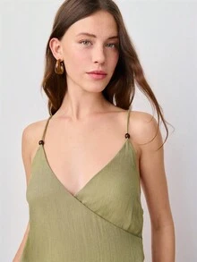 Nöista Olive Green Sleeveless Halter Top Features A Wrap-Front, Straps With Wooden Bead Details Front And Back. Spring, Summer, Easter, Boho, Festival. - Army Green - View 3