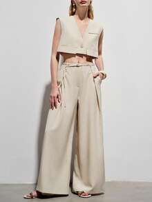 Aveloria Modichic Minimalist Elegant Women's Commuting Modern Versatile Sleeveless Single-Button Design Cropped Vest Suit Paired With Asymmetrical Waistband Loose Wide-Leg Suit Pants - Apricot - View 1