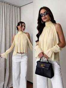 Firerie Women's Hollow Out Ruffle Sleeve Halter Neck Asymmetric Hem Blouse Top, Flowy Romantic Ladies Shirt, Suitable For Vacation Wear, Romantic Vacation Vibe Blouse, Semi-Sheer Shirt Top, Spring/Summer , Elegant, Commute, Date, Music Festival, Wedding Season, Graduation, Prom, Performance, Concert, Work Attire, Back To School, Women's Birthday, Holiday, Boho, Vacation, Bohemian, Beach, Comfortable - Light Yellow - View 2