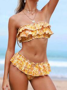 Swim Mod 女士碎花抹胸比基尼套装，低腰荷叶边裙短裤，休闲度假泳装 - 橘色 - 查看 3