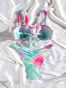 Swim Mod 2pcs Women's Swimwear Set,Pink Tie Dye Ruched Underwire Padded Bikini Top And High Cut Bottoms,Summer Casual Beach Vacation Holiday Pool Party Wear - Multicolor - View 4