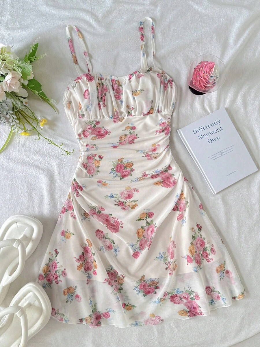 SHEIN 少女休闲收腰印花吊带裙 - 粉色 - 查看 1