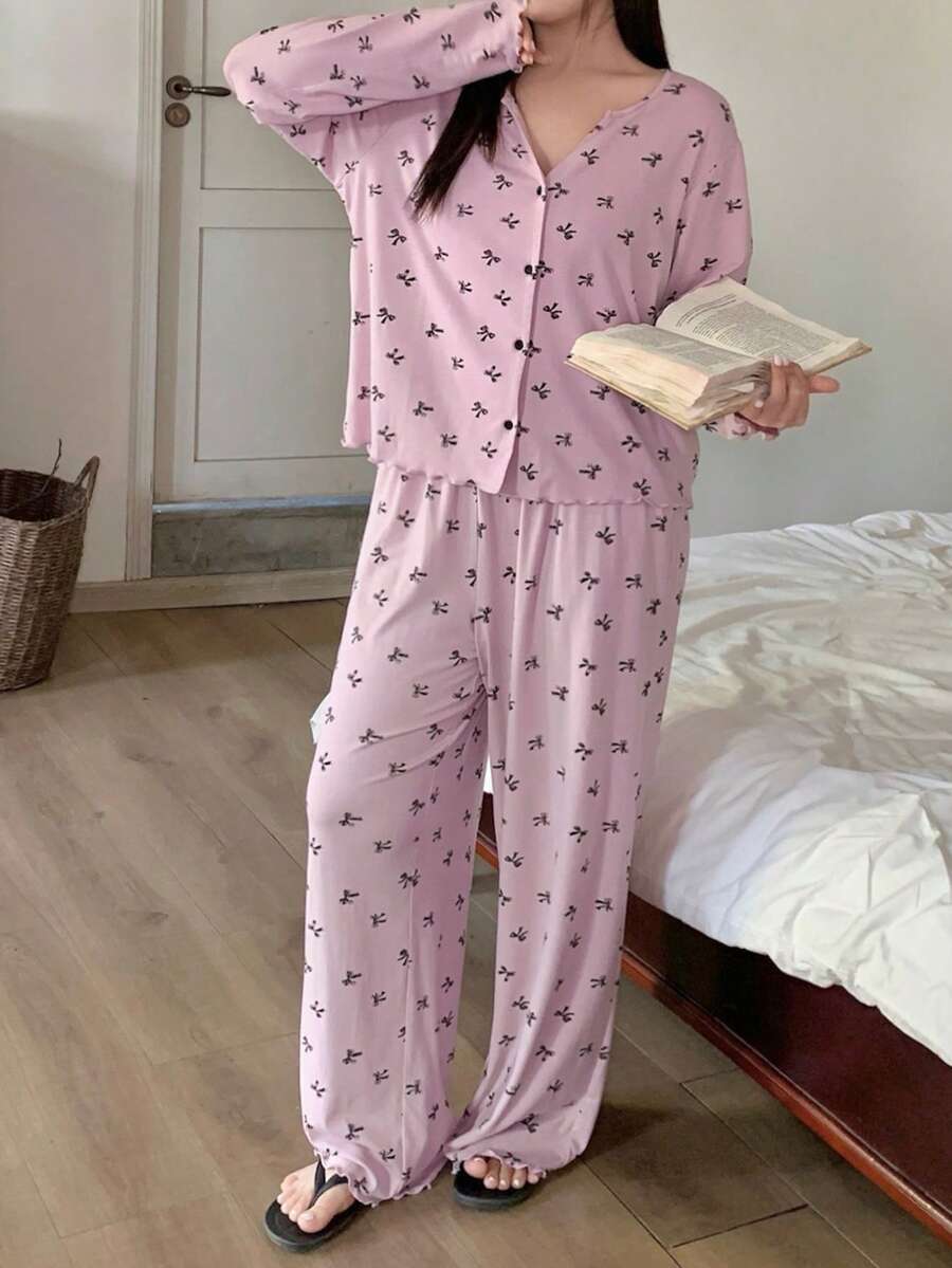Dazy Plus 2pcs/Set Casual Bow Print Loose Fit Top And Pants Pajama Set, Plus Size Women Spring/Autumn - Pink - View 1