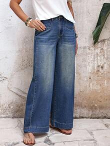 EMERY ROSE Jeans anchos de pierna lavados de estilo casual para vacaciones de mujer - Azul - Ver 6