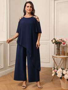 EMERY ROSE 大码女式优雅不规则下摆露肩上衣和裤子两件套，带口袋，春夏款 - 藏蓝色 - 查看 6