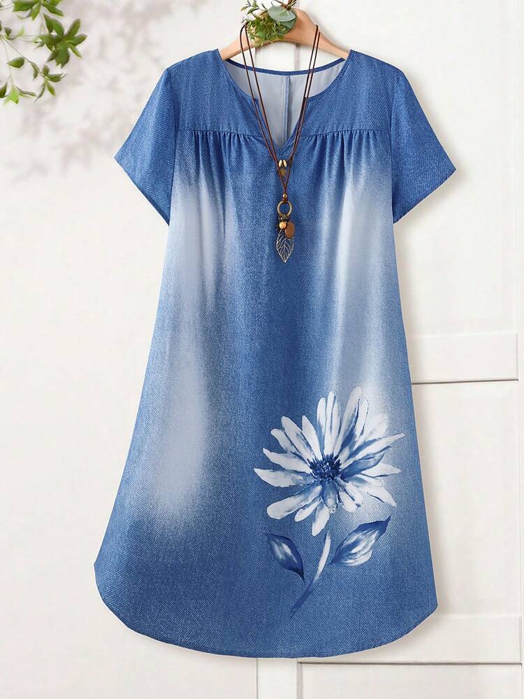 Plus Size Women Floral Print V-Neck Short Sleeve Casual Dress Summer Dress  Summer Outfits Summer Clothes Spring Dress Spring Outfit Women Spring Clothing Country Style For Women Country Dress For Women Vacation Outfits Women