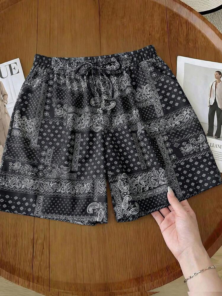 Plus Size Women Casual Allover Print Shorts,Summer Outfits,Beach Vacation Outfits For Women,Beach Vacation Outfits For Women,Black Shorts,Vacation Outfits Women Comfy Shorts For Women Pajama Shorts Black And White Shorts Women Summer Shorts Printed Shorts Pattern Shorts Big Shorts For Women Shorts Terno For Women Beach Shorts For Women Two Pieces Set For Ladies Shorts Women Shorts Casual Women's Shorts Summer Black Printed Shorts Paisley Print Shorts Drawstring Shorts Women