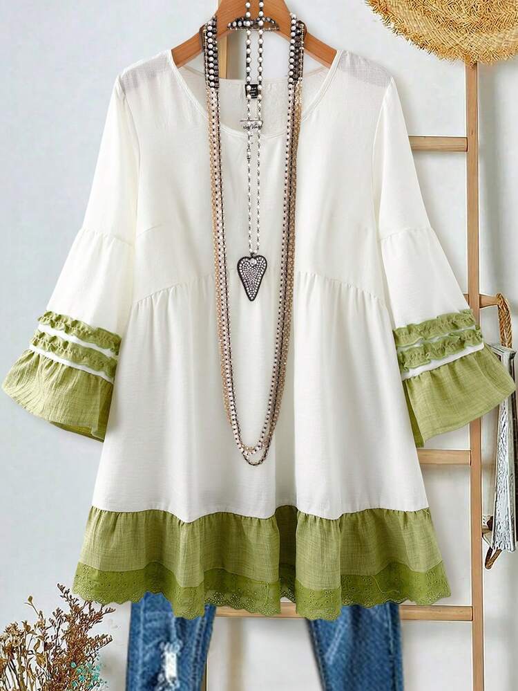 Plus Size Women Round Neck Color Block Pleated Casual Versatile Daily Wear Long Sleeve Shirt Boho Style Clothes Tunic Dresses For Women Boho Chic Women's Clothing Summer Outfits For Women Beach Outfit For Women Casual Vacation Outfits Women Country Concert Outfit Peplum