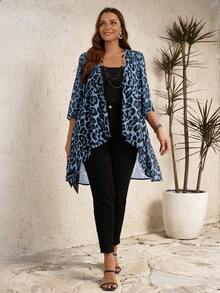 EMERY ROSE Chaqueta de talla grande para mujer con estampado de leopardo, manga 3/4 y bajo asimétrico con abertura frontal - Azul - Ver 4