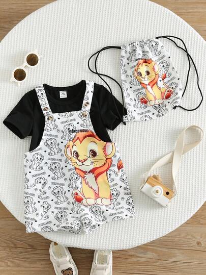 SHEIN Set de 2 piezas de babero y pantalones cortos con estampado de animales de dibujos animados para bebé recién nacido niño/niña, adecuado para primavera/verano, uso casual, en casa, salidas, fiestas
