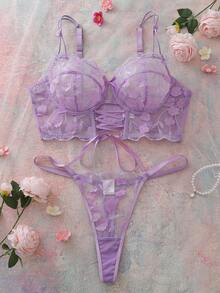 2pcs Romantic Embroidered Hollow-Out Cross Strap Underwire Bra Set - Mauve Purple - View 1